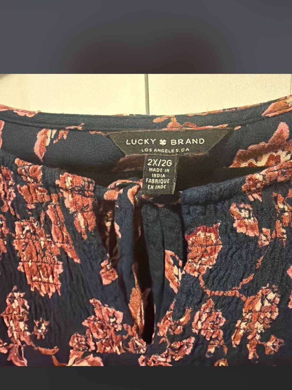 Lucky Brand Navy Blouse with Rose-Printed Detail